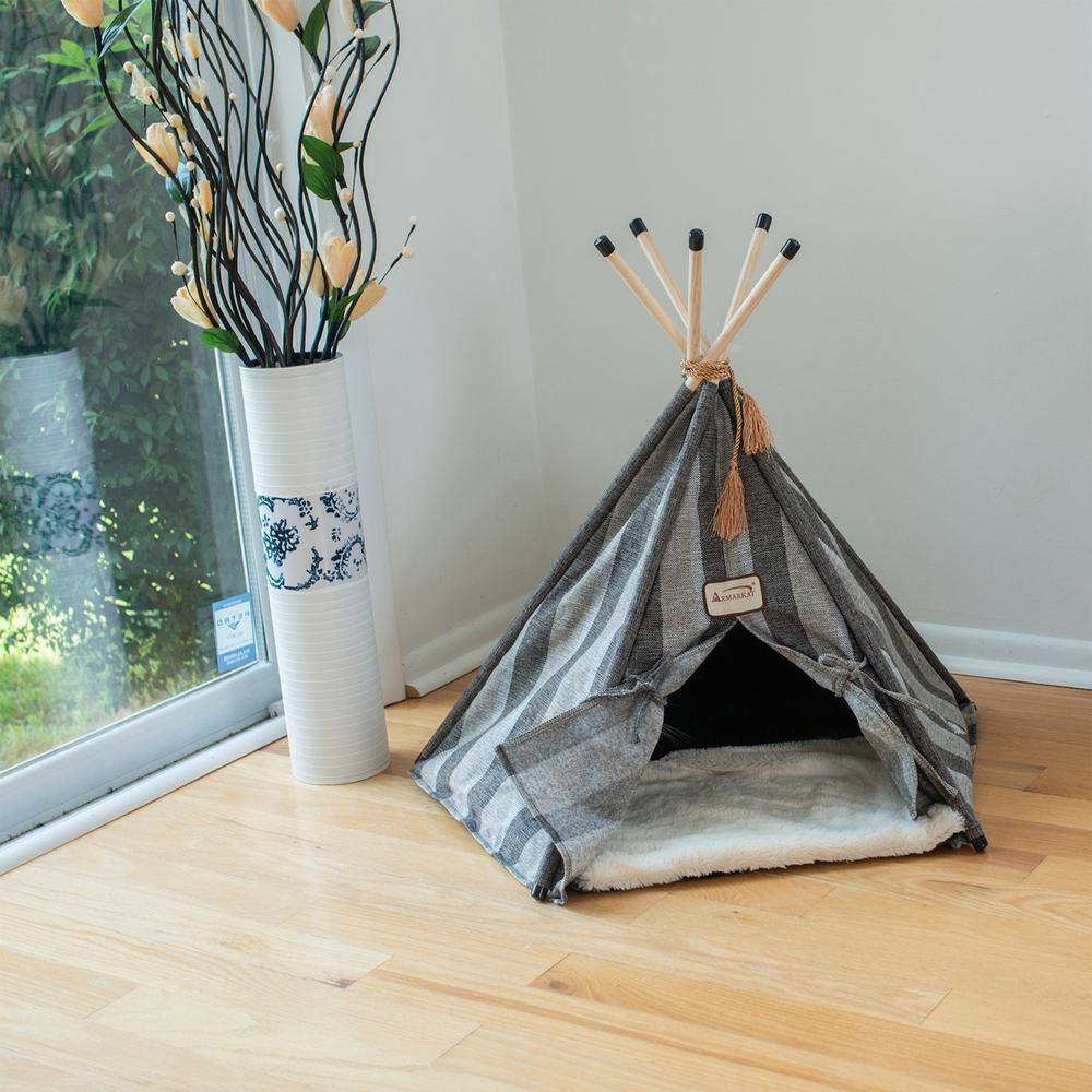 Back. Armarkat - Cat Bed Teepee Style With Striped Pattern - Gray.