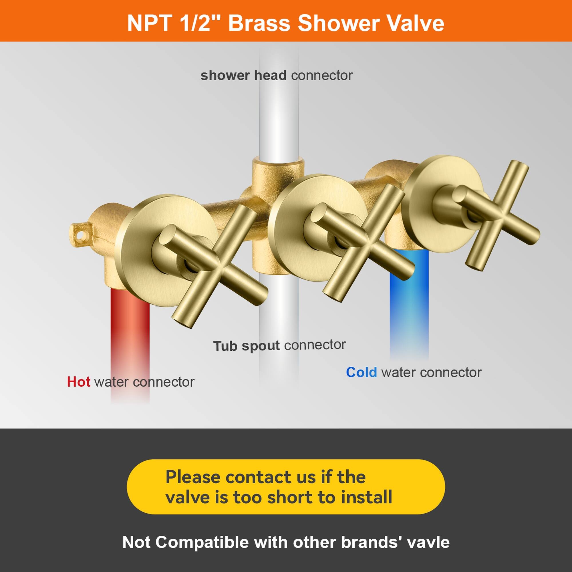 NPT 1/2" Brass Shower Valve

- Shower head connector
- Tub spout connector
- Hot water connector
- Cold water connector

Please contact us if the valve is too short to install

Not Compatible with other brands' valve