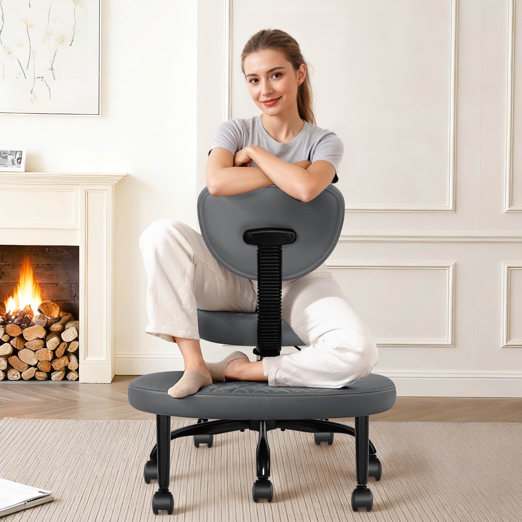 Front. KERDOM - Ergonomic Wide Cross Legged Office Chair with Wheels, Yoga Meditation Chair Kneeling Chair, ADHD Desk Chair PU Leather - Grey.