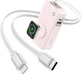 RORRY - 10000mAh 30W Portable Charger with Retractable USB-C & iOS Cables, Power Bank for iPhone, Apple Watch & iPad - Pink