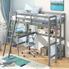 Costway - Twin Size Loft Bed w/ Desk & Shelf 2 Ladders & Guard Rail for Kids Teens Bedroom - Gray