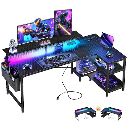 Front. Fabibe - 58 Inch Gaming Desk With Usb Charging Ports And Led Lights Reversible L Shaped Computer Storage Shelves & Monitor Office - Carbon Fiber Surface, Black 58 Inch.