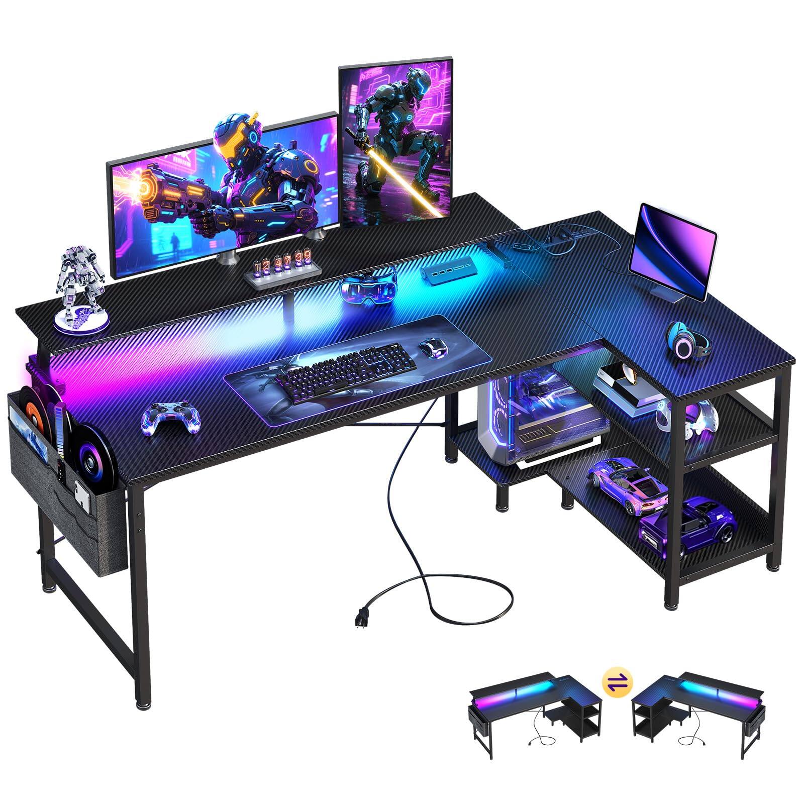 Fabibe - 58 Inch Gaming Desk With Usb Charging Ports And Led Lights Reversible L Shaped Computer Storage Shelves & Monitor Office - Carbon Fiber Surface, Black 58 Inch