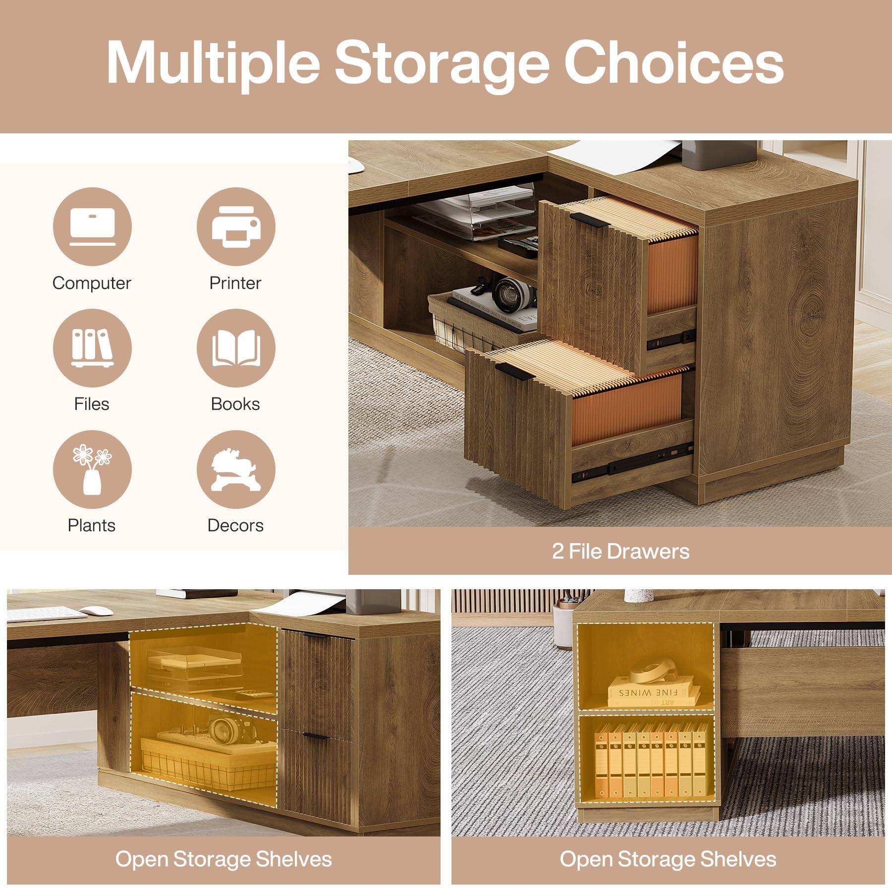 Multiple Storage Choices

- Computer
- Printer
- Files
- Books
- Plants
- Décor

2 File Drawers

Open Storage Shelves

Open Storage Shelves