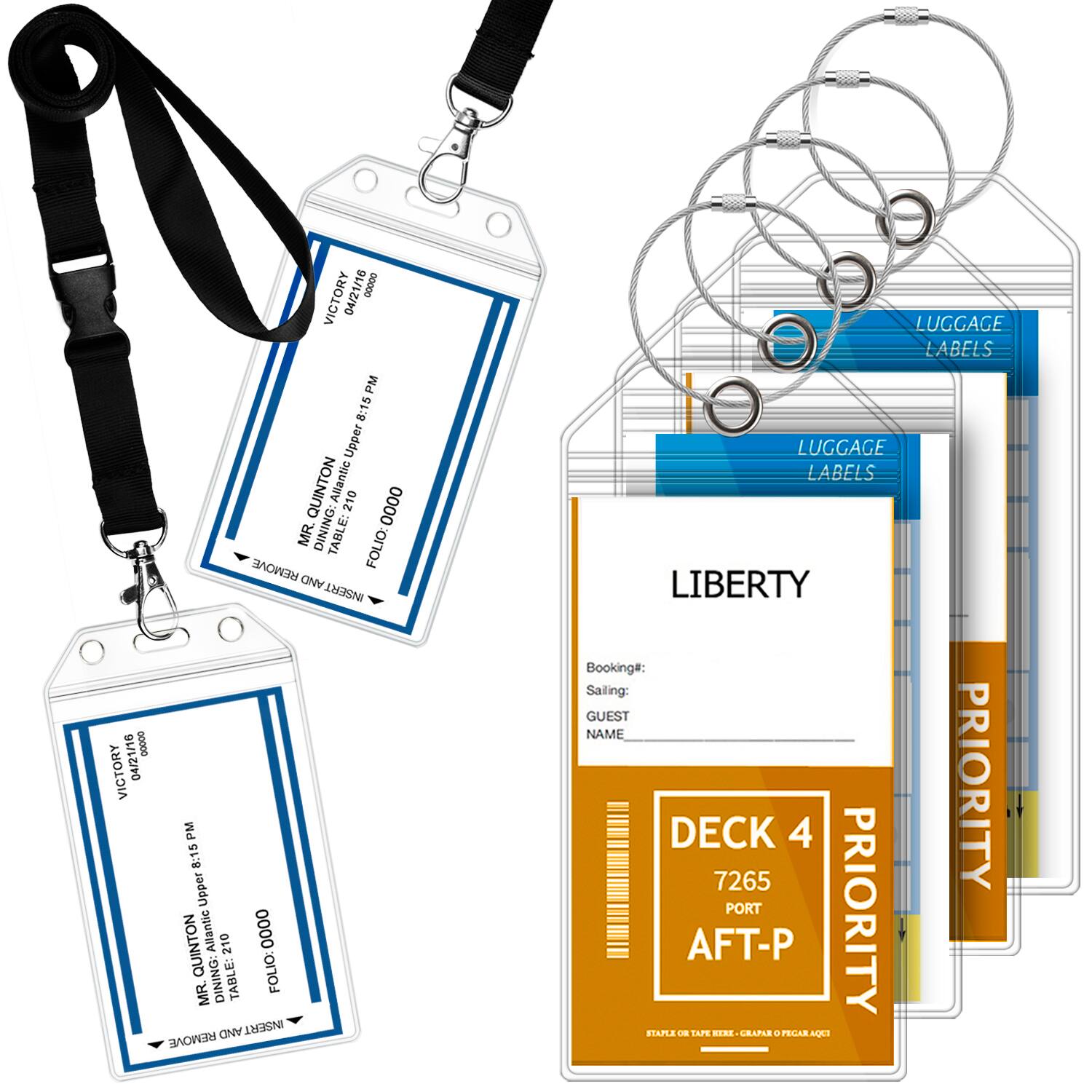 GreatShield - 4x Cruise Luggage Tag Holder + 2x ID Badge Holder with Lanyard, for Princess, Carnival Holland American Norwegian Cruise - Clear