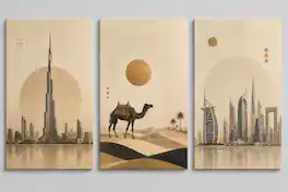 FC Design - ICE ARMOR Large set of 3 24x36"- Dubai Skyline Burj Khalifa Desert Camel Art Painting Home Wall Décor - MultiColor