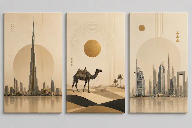 The image shows a triptych of art prints featuring iconic landmarks and elements of Dubai. The first panel showcases the Burj Khalifa, the tallest building in the world, with a cityscape in the background. The second panel depicts a camel in the desert with a large sun or moon in the sky. The third panel features the Burj Al Arab and other skyscrapers along the waterfront. The artwork uses a sepia-toned color palette with gold accents.