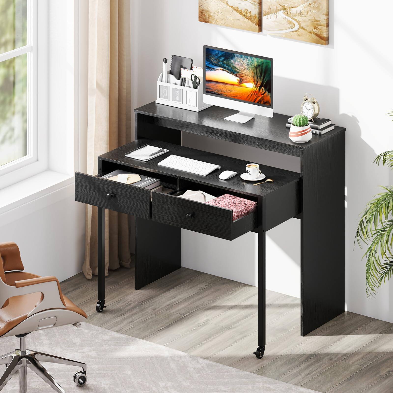 Alt View 7. Ecooso - Extendable Computer Desk with 2 Drawers, Convertible Rolling Study Desk, Space-Saving Design - Black.