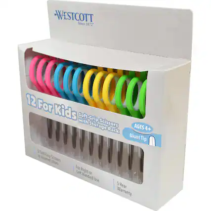 WESTCOTT
Since 1872
12 For Kids Soft-Grip Scissors with Storage Rack
AGES 4+
Blunt Tip
5 in Soft-Grip assorted Scissors colors
For Left Right Handed Use
5 Year Warranty