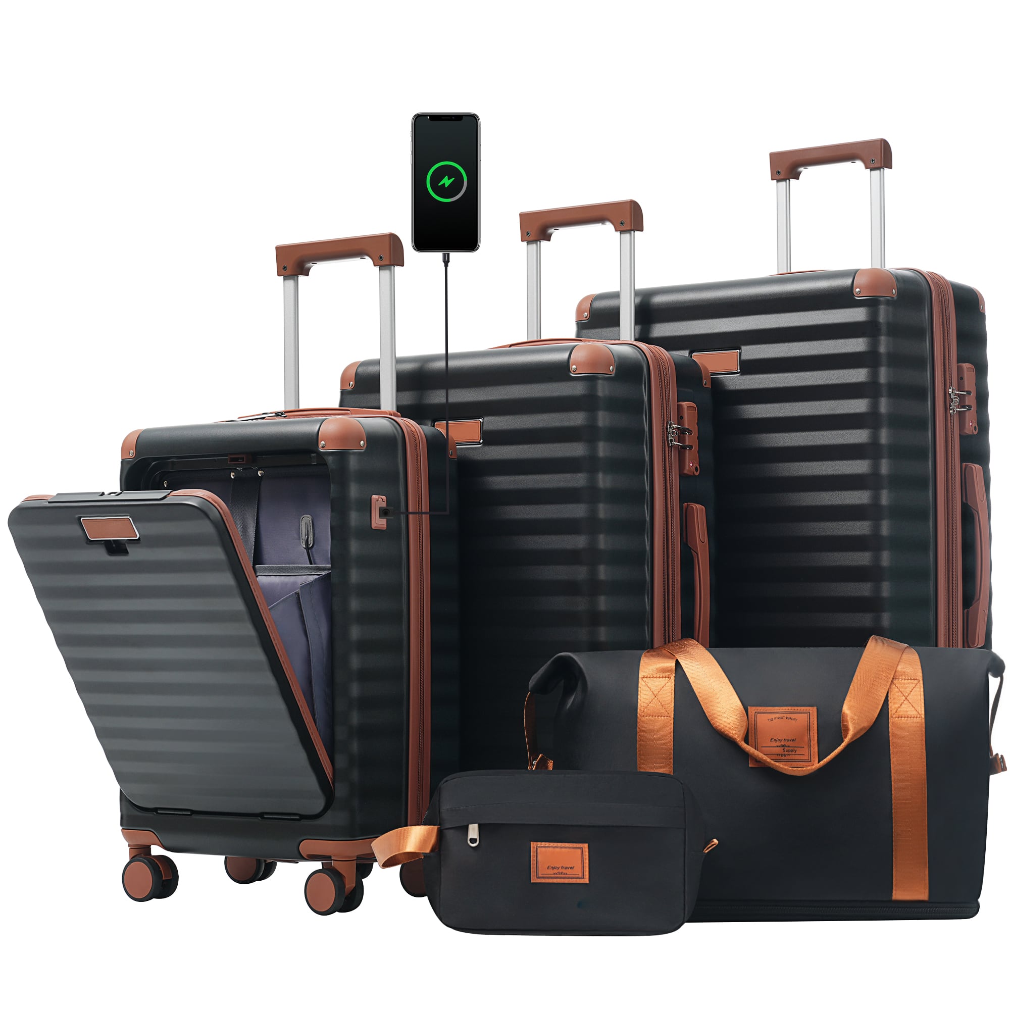 Front. Ecooso - 5-Piece Expandable ABS Spinner Luggage Set with TSA Lock, USB Port Carry-On, Cup Holder, Duffel, and Toiletry Bag - Black Brown.