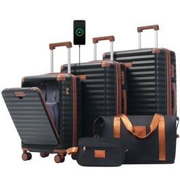 Ecooso - 5-Piece Expandable ABS Spinner Luggage Set with TSA Lock, USB Port Carry-On, Cup Holder, Duffel, and Toiletry Bag - Black Brown