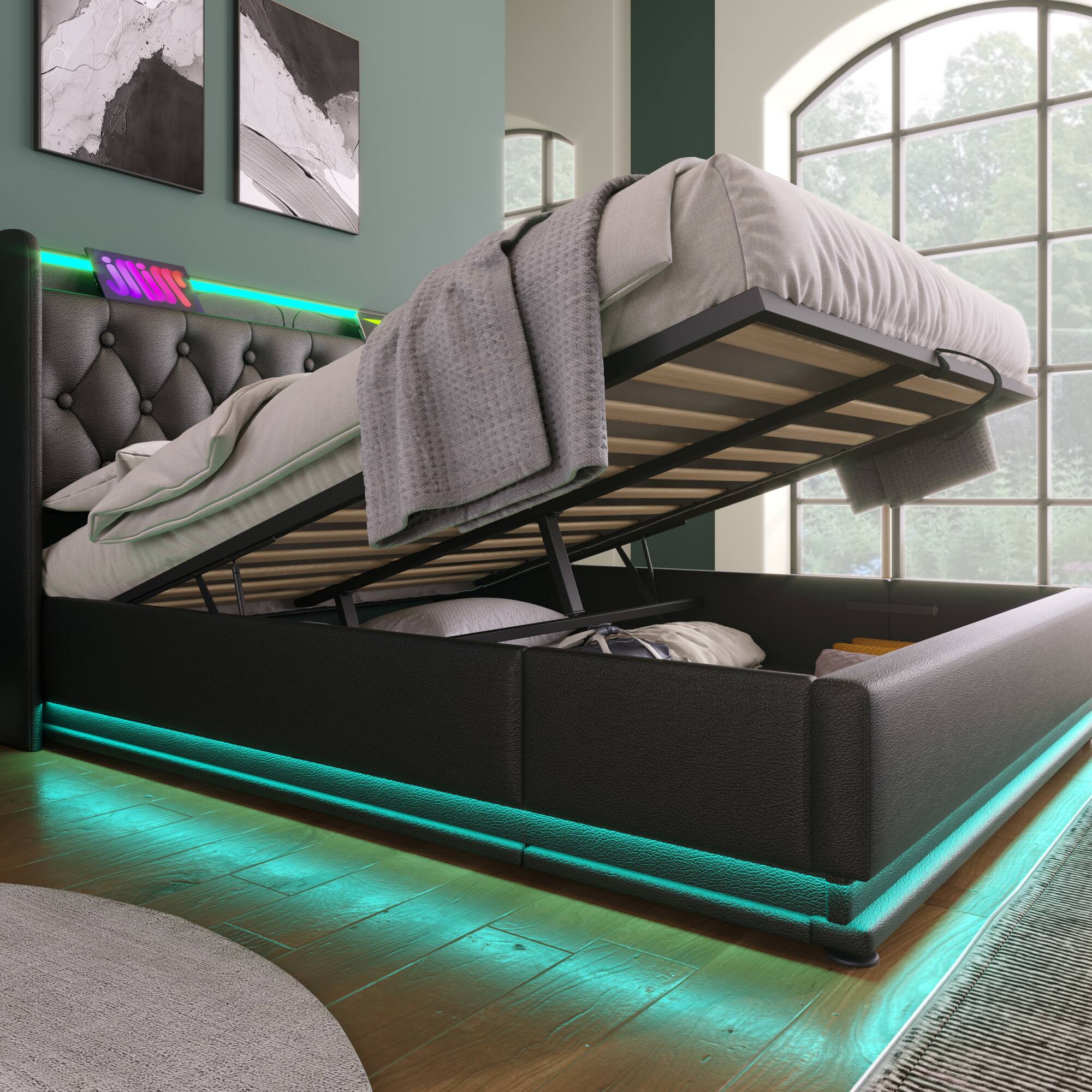 Alt View 7. GOODSILO - Full Size Upholstered Bed with LED Lighting, Hydraulic Storage, and USB Charging - Black.