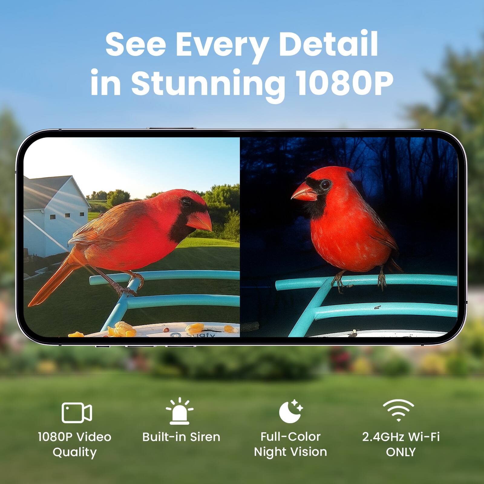 Sure, here is the corrected and grouped text from the image:

---

**See Every Detail in Stunning 1080P**

- 1080P Video Quality
- Built-in Siren
- Full-Color Night Vision
- 2.4GHz Wi-Fi ONLY

---