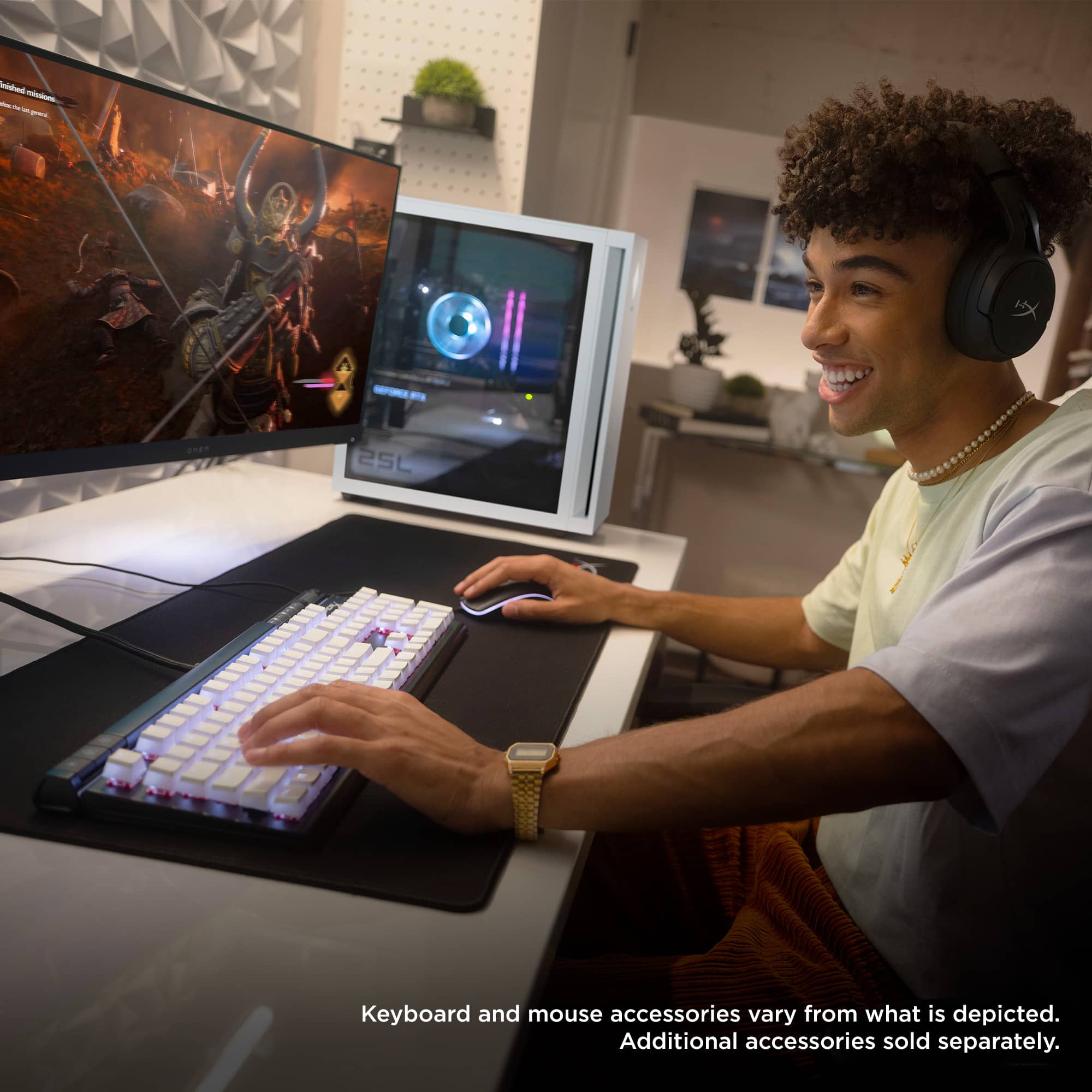 The text on the image reads, "Idn - - - - I ... 25C Keyboard and mouse accessories vary from what is depicted. Additional accessories sold separately."