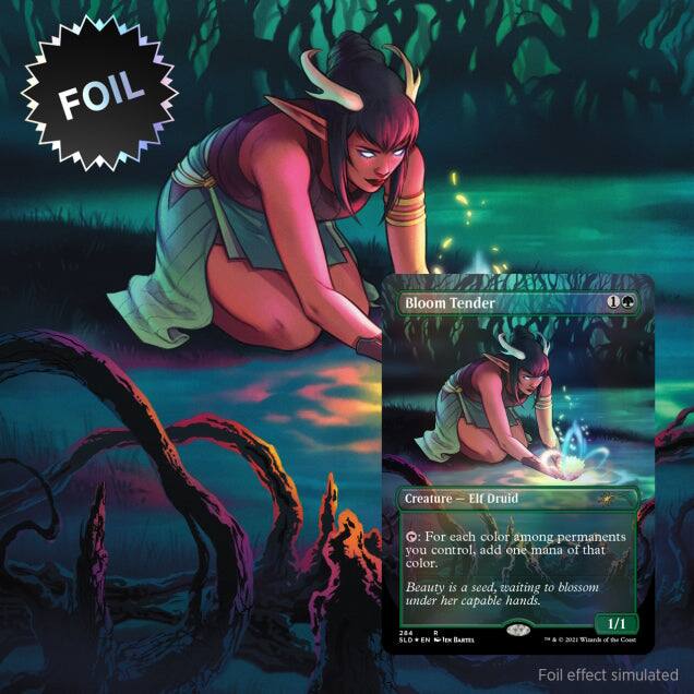 FOIL Bloom Tender Creature - Elf Druid  
Q: For each color among permanents you control, add one mana of that color.  
Beauty is a seed, waiting to blossom under her capable hands.  
1/1  
284 E SLD EN Tes BARTEL e 22 of te Coen Foil effect simulated