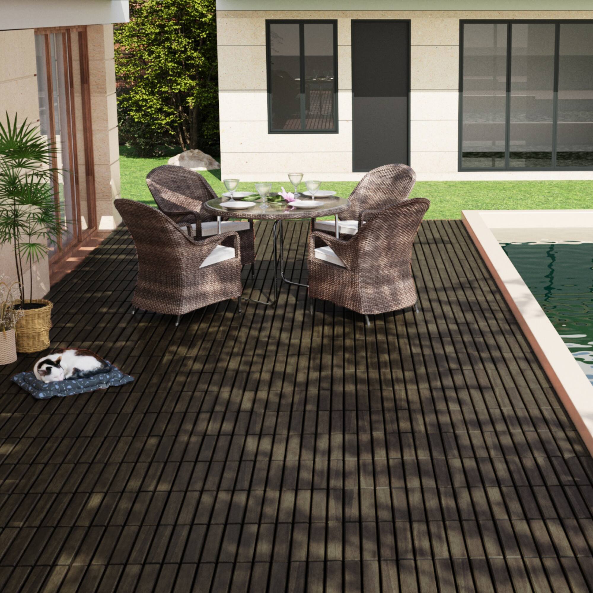 Left. Mondawe - 30 PCS 12" x 12" Square Interlocking Deck Tiles Striped Pattern - Dark Brown.