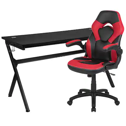 Front. Emma + Oliver - Gaming Desk Bundle - Cup & Headphone Holders/Mouse Pad Top - Red.