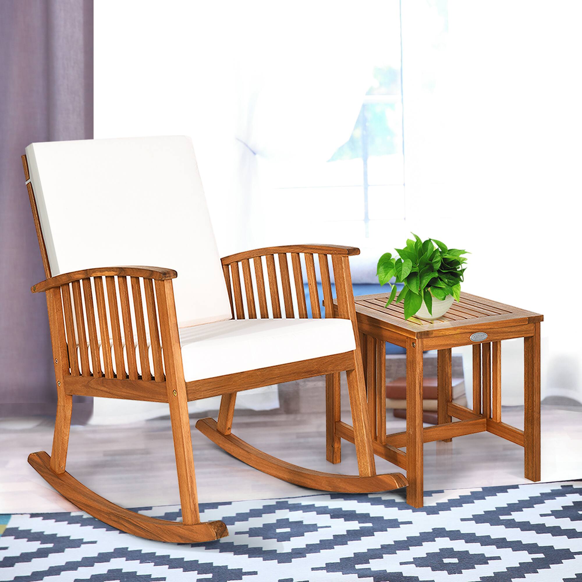 Alt View 3. Costway - Costway 2PCS Acacia Wood Patio Rocking Chair Set Cushioned Coffee Table - Teak.