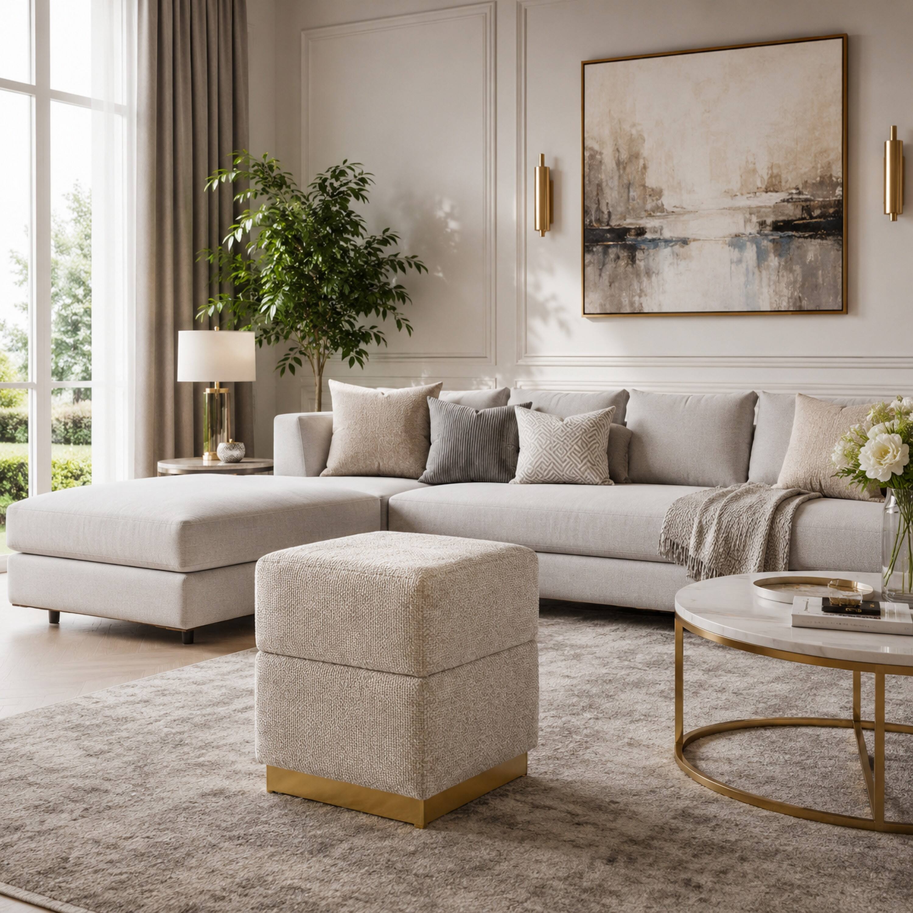 Alt View 4. Manhattan Lane - Kris Ottoman Stool with Hidden Storage,  Base,   Chenille - Silver Gray, Gold.