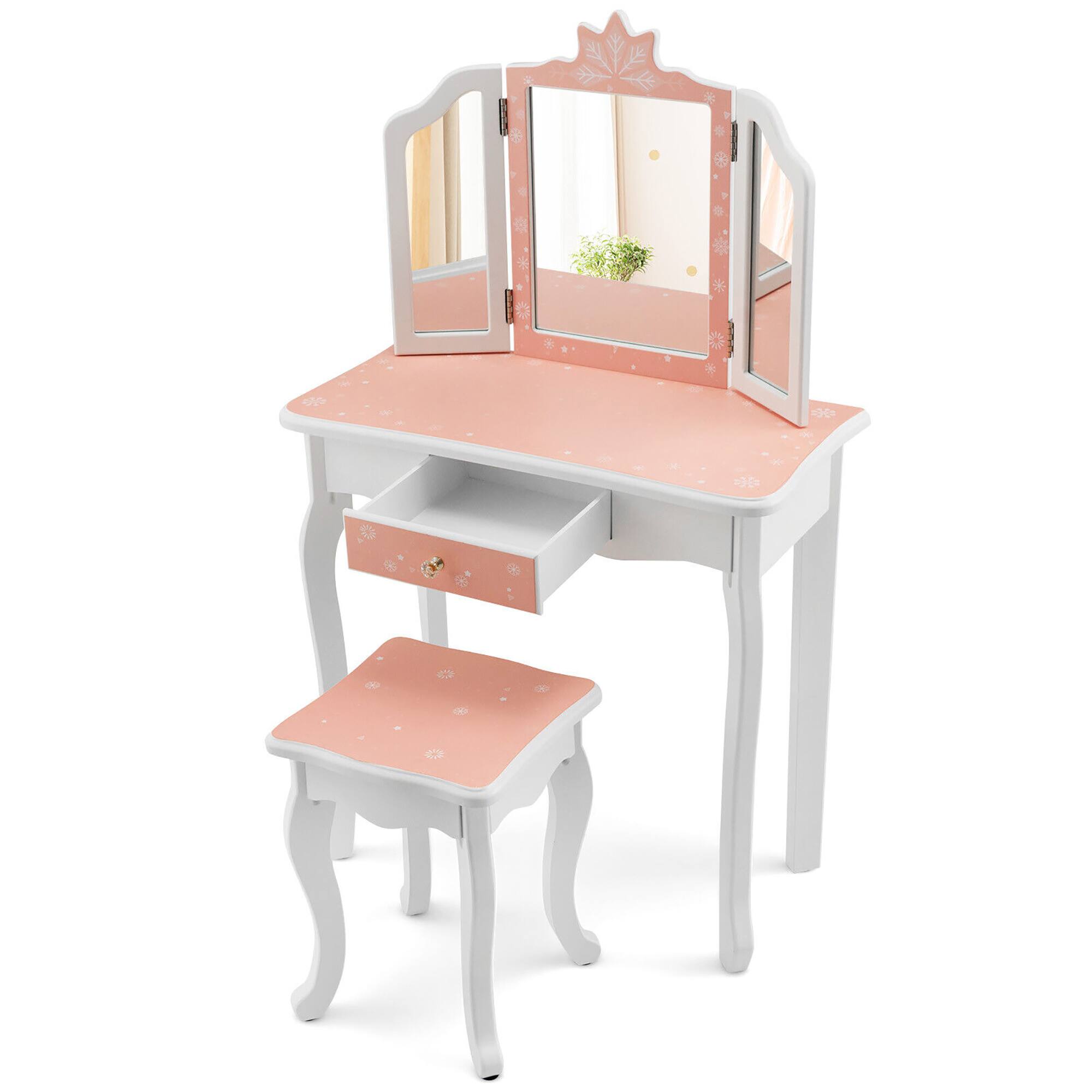 Alt View 9. Gymax - Gymax Kid Vanity Set Wooden Makeup Table Stool Tri-Folding Mirror Snowflake Print Pink - Pink + White.