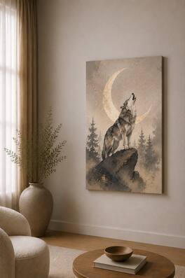 FC Design - Large Mystic Wolf Moon Canvas Print 24x36"-Ready-to-Hang Enchanted Forest Art Painting Home Wall Décor - MultiColor