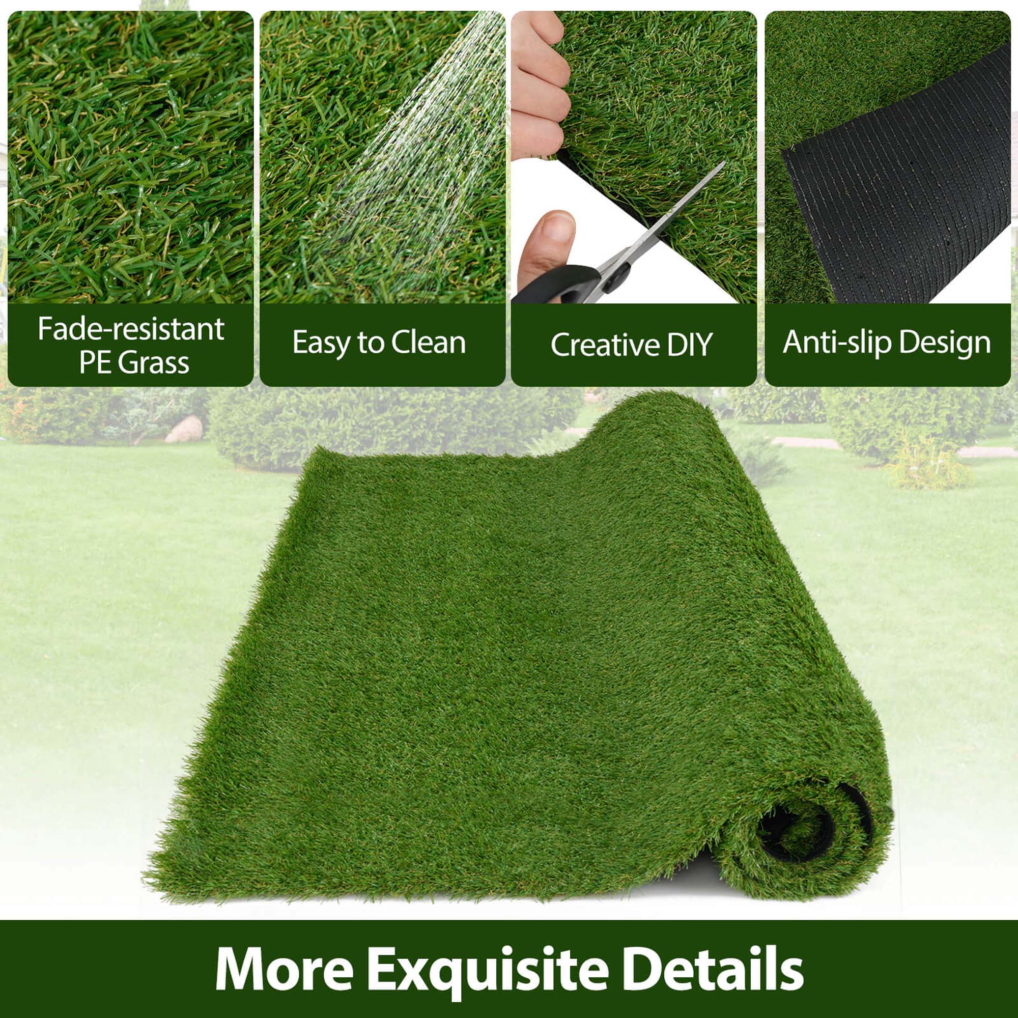 Fade-resistant PE Grass  
Easy to Clean  
Creative DIY  
Anti-slip Design  
More Exquisite Details