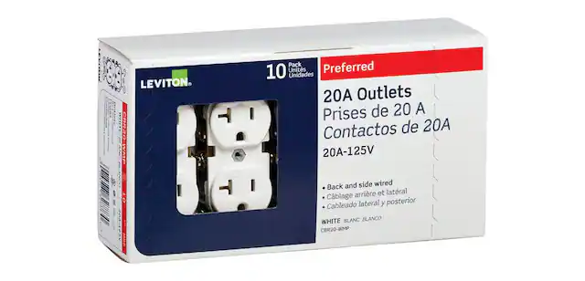 LEVITON. CBR20-WMP 10 MO2
Pack Preferred 10 Units
Unidades 20A Outlets Prises de 20 A Contactos de 20A 20A-125V
Back and side wired arrière et latéral Cblage Cableado lateral y posterior WHITE BLANC BLANCO
CBR20-WMP