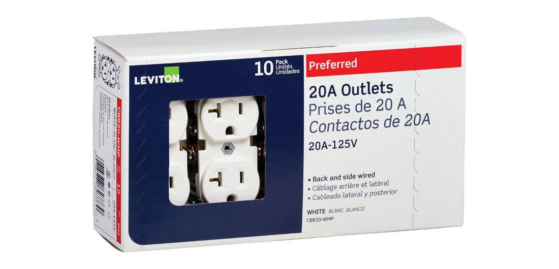 LEVITON. CBR20-WMP 10 MO2

Pack Preferred 10 Units

Unidades 20A Outlets Prises de 20 A Contactos de 20A 20A-125V

Back and side wired arrière et latéral Cblage Cableado lateral y posterior WHITE BLANC BLANCO

CBR20-WMP