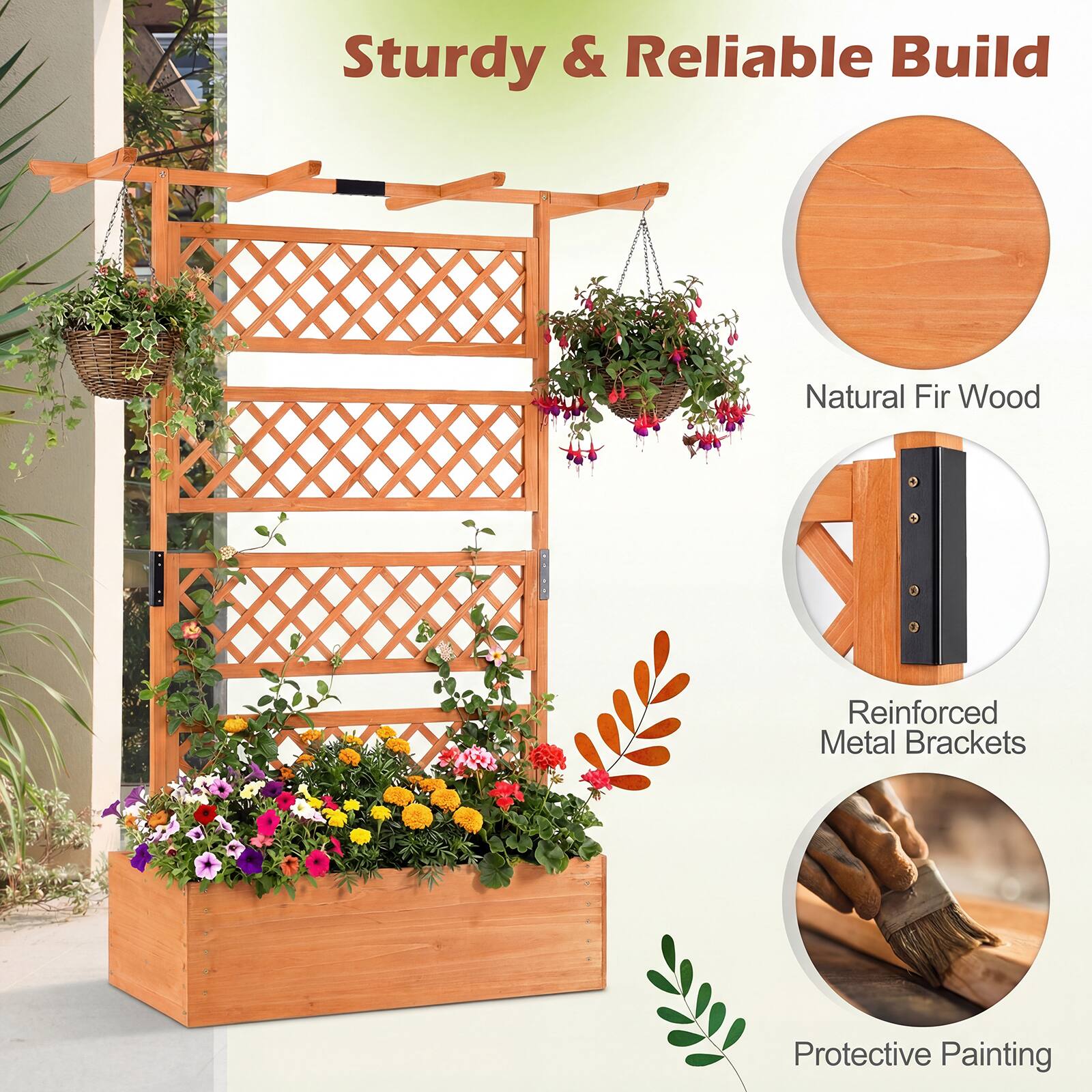 Sturdy & Reliable Build  
Natural Fir Wood  
Reinforced Metal Brackets  
Protective Painting