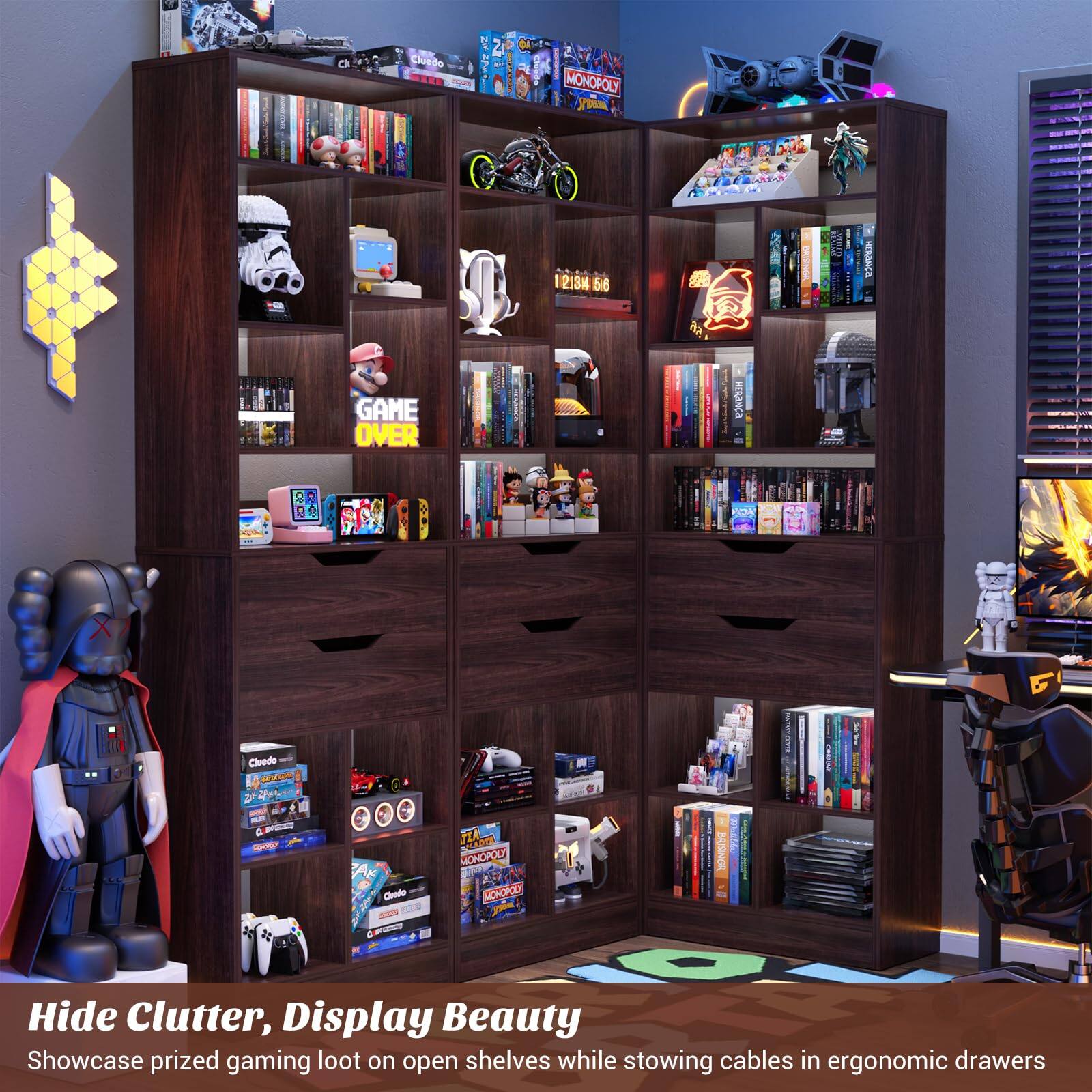 Cluedo S 2 MONOPOLY y 12:34 5I6 | I RCA GAME OVER NC OSA Cloede - A - AK Chedo - TZA enr MONOPOLY MONOPOLY BAIRNGR

Hide Clutter, Display Beauty
Showcase prized gaming loot on open shelves while stowing cables in ergonomic drawers