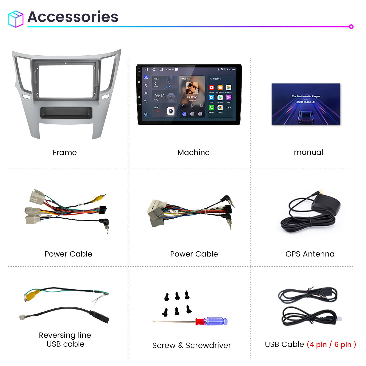 Accessories

- Frame
- Machine
- Manual
- Power Cable
- Power Cable
- GPS Antenna
- Reversing line USB cable
- Screw & Screwdriver
- USB Cable (4 pin / 6 pin)