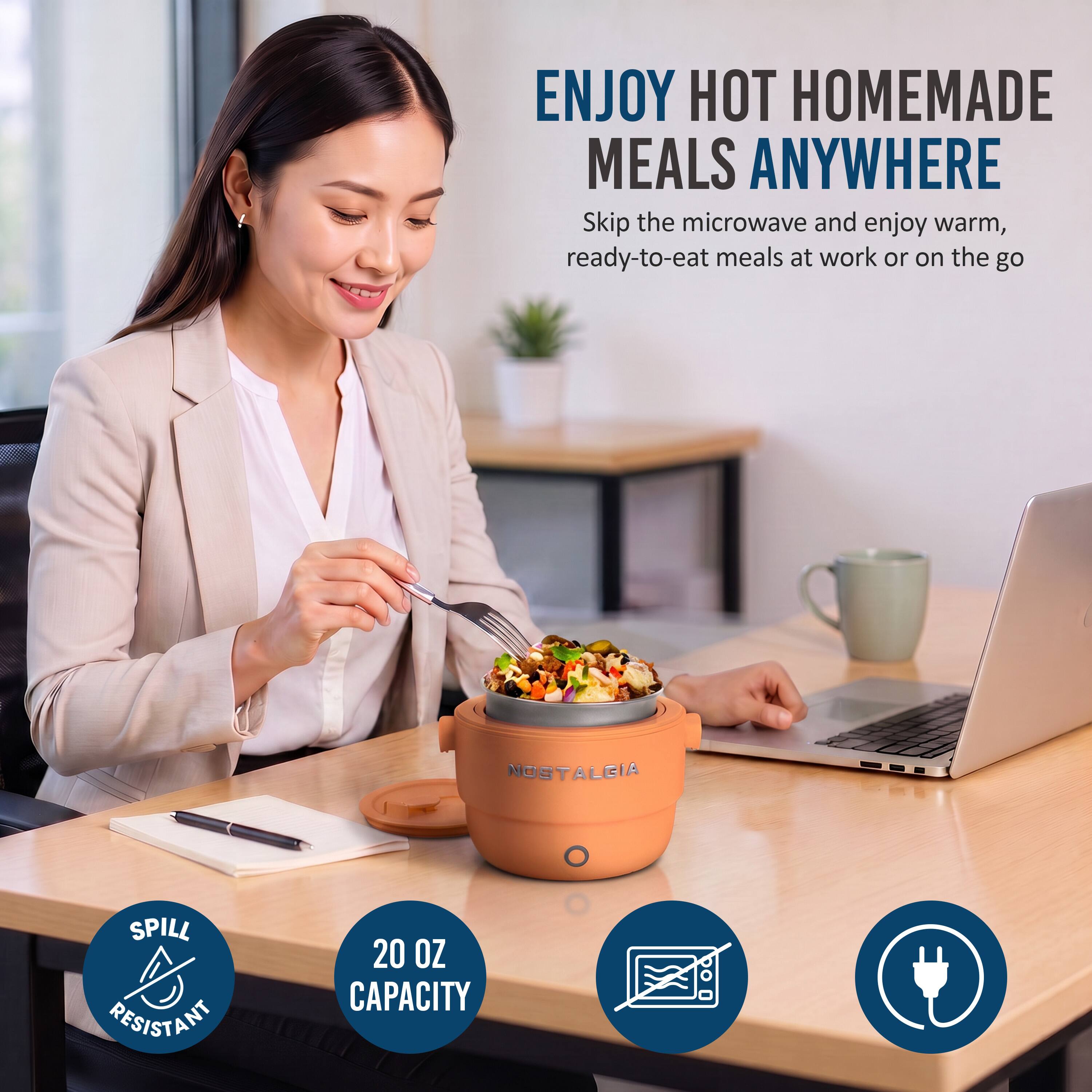 ENJOY HOT HOMEMADE MEALS ANYWHERE  
Skip the microwave and enjoy warm, ready-to-eat meals at work or on the go

NOSTALGIA

SPILL RESISTANT

20 OZ CAPACITY