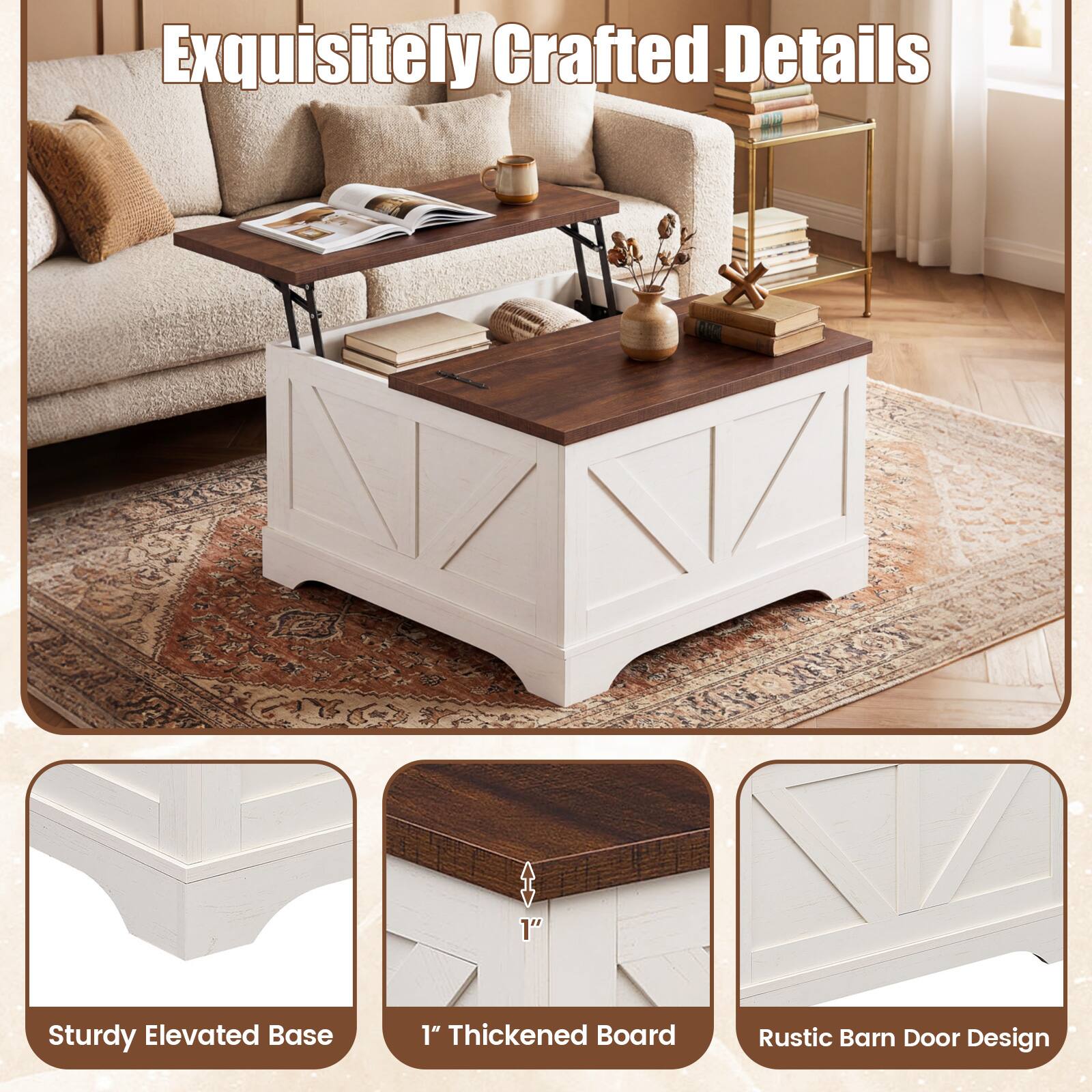 Exquisitely Crafted Details

- Sturdy Elevated Base
- 1" Thickened Board
- Rustic Barn Door Design