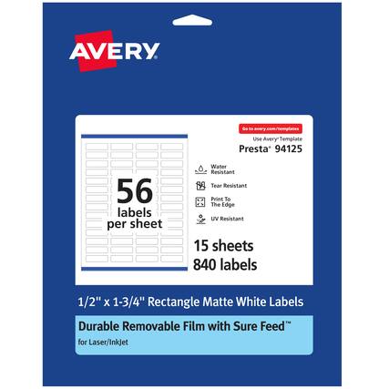 AVERY
Go to avery.com/templates
Use Avery Template Presta 94125
56 labels per sheet
Water Resistant
Tear Resistant
Print To The Edge
UV Resistant
15 sheets
840 labels
1/2" X 1-3/4" Rectangle Matte White Labels
Durable Removable Film with Sure Feed for Laser/InkJet