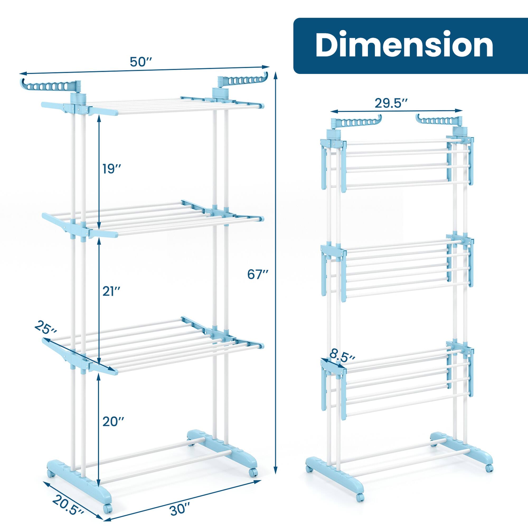 Sure, here are the corrected dimensions grouped from the image:

- **Width:** 50"
- **Depth:** 29.5"
- **Height:** 67"
- **Shelf Spacing:**
  - Top to Second Shelf: 19"
  - Second Shelf to Third Shelf: 21"
  - Third Shelf to Bottom: 25"
- **Overall Height:** 67"
- **Shelf Depth:** 20"
- **Shelf Width:** 30"
- **Base Width:** 20.5"
- **Base Height:** 8.5"