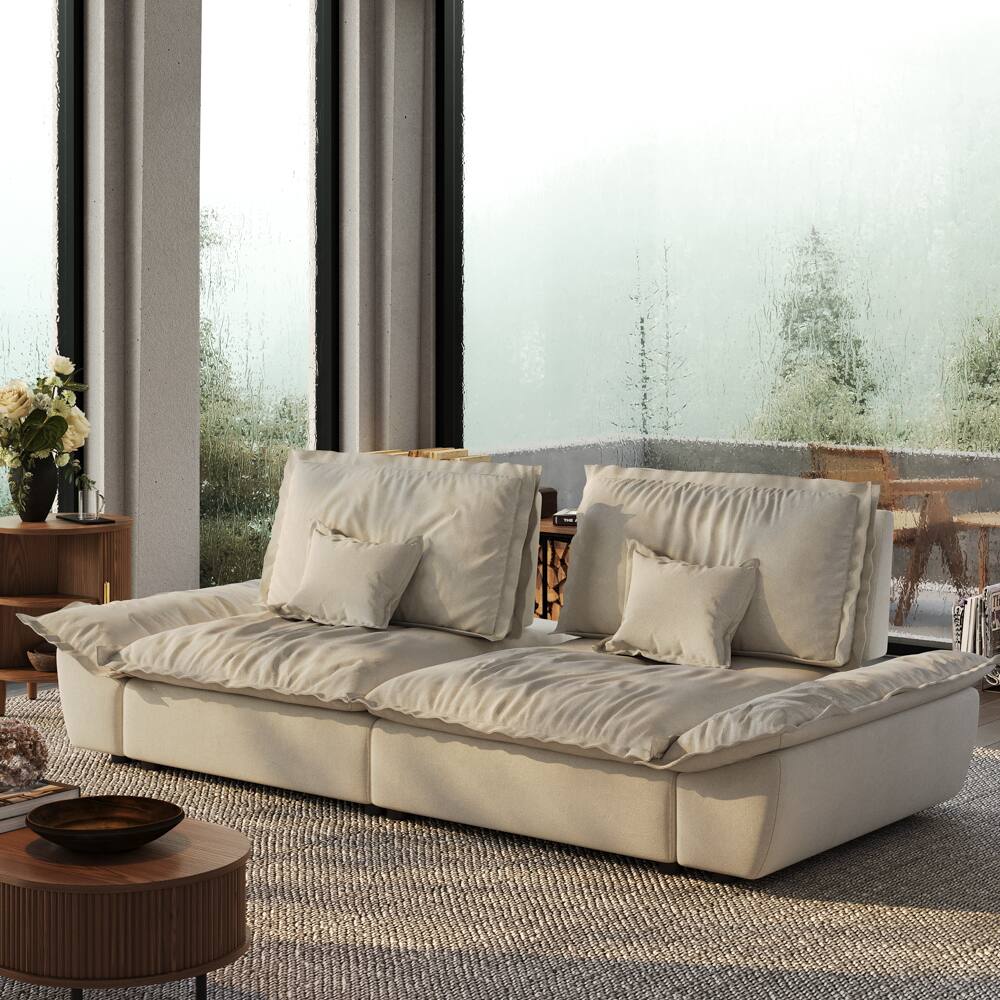 Left. POVISON - 104.33" Sailboat Deep Sofa Stain Resistant Cozy Couch with Adjustable Backrest - Beige Suede Fabric.