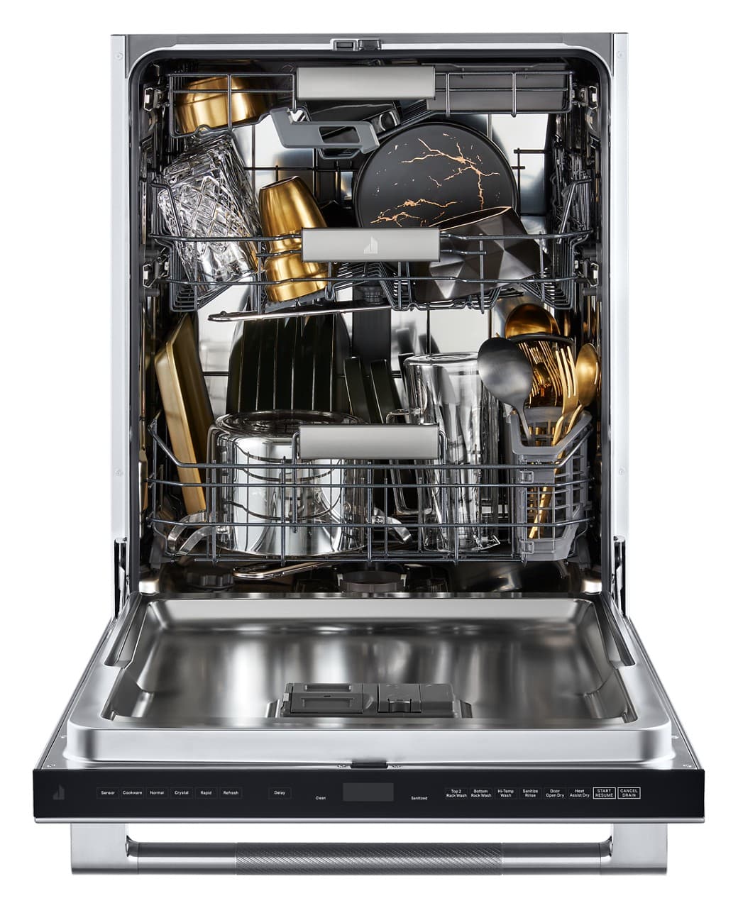 The text on the image reads "Fully loaded dishwasher with silverware and dishes."