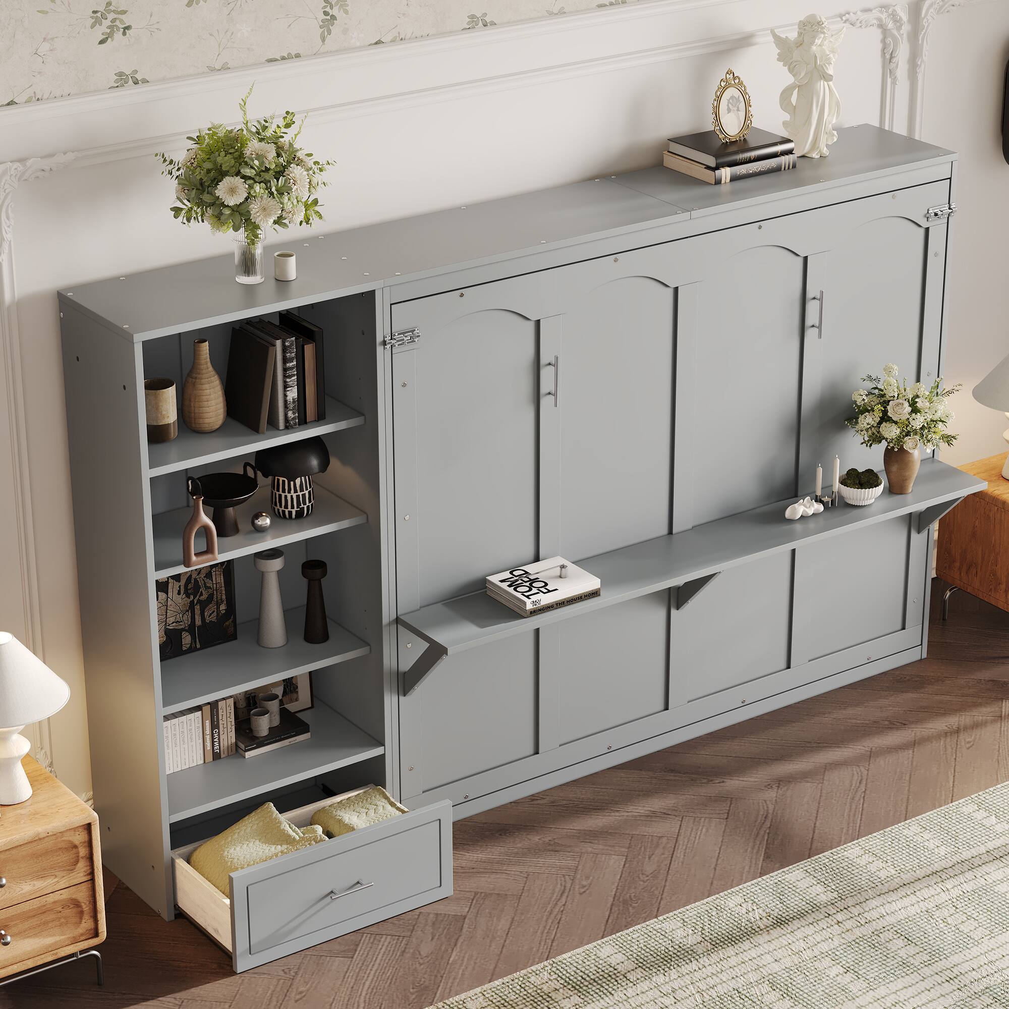 Angle. Anysun - Queen Size Multifunctional Foldable Murphy Bed with Height Adjustable Storage Compartments and Shelf, Drawer - Grey.