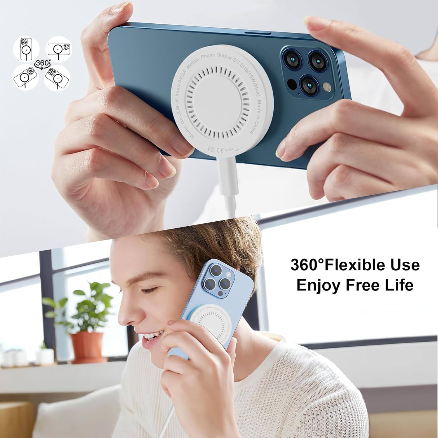 360 Phone Output: 5/7 Mobile Input: 9V/24 5/10/15W (Max) NO: JLM-G Made in China FECE Rohe 360 360° Flexible Use Enjoy Free Life