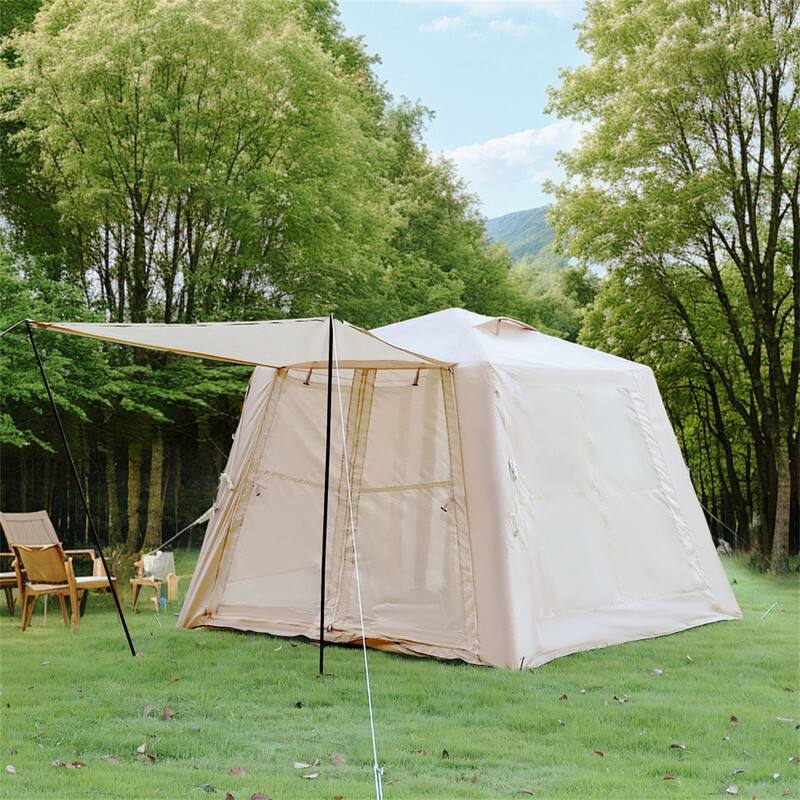 Angle. HTUTWOO - Inflatable Tent With Canopy for Camping -5.76 m² Blow Up Tent with Hand Pump,Waterproof Oxford Tent for 2-3 Person Adult - Beige.
