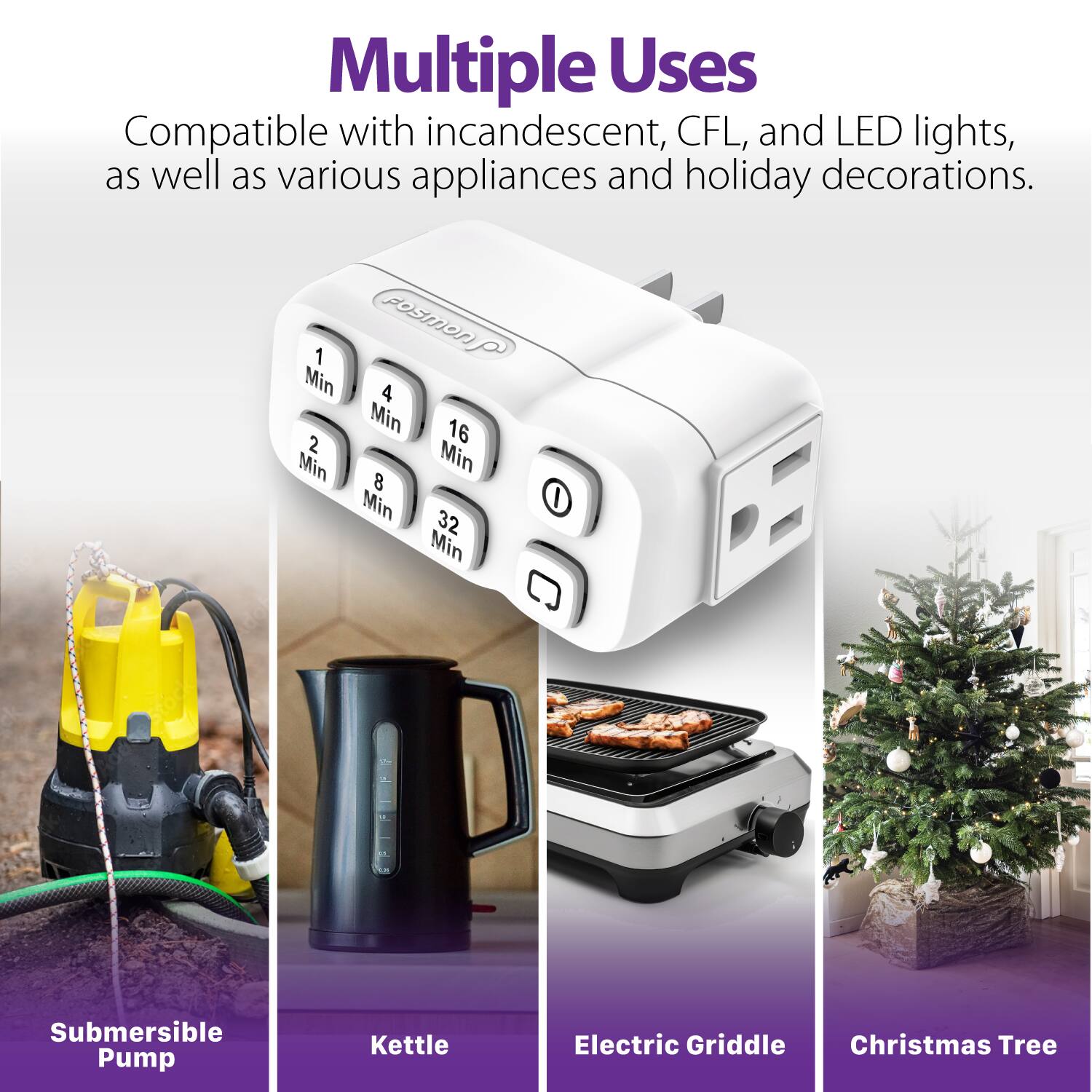 Multiple Uses

Compatible with incandescent, CFL, and LED lights, as well as various appliances and holiday decorations.

Submersible Pump
Kettle
Electric Griddle
Christmas Tree