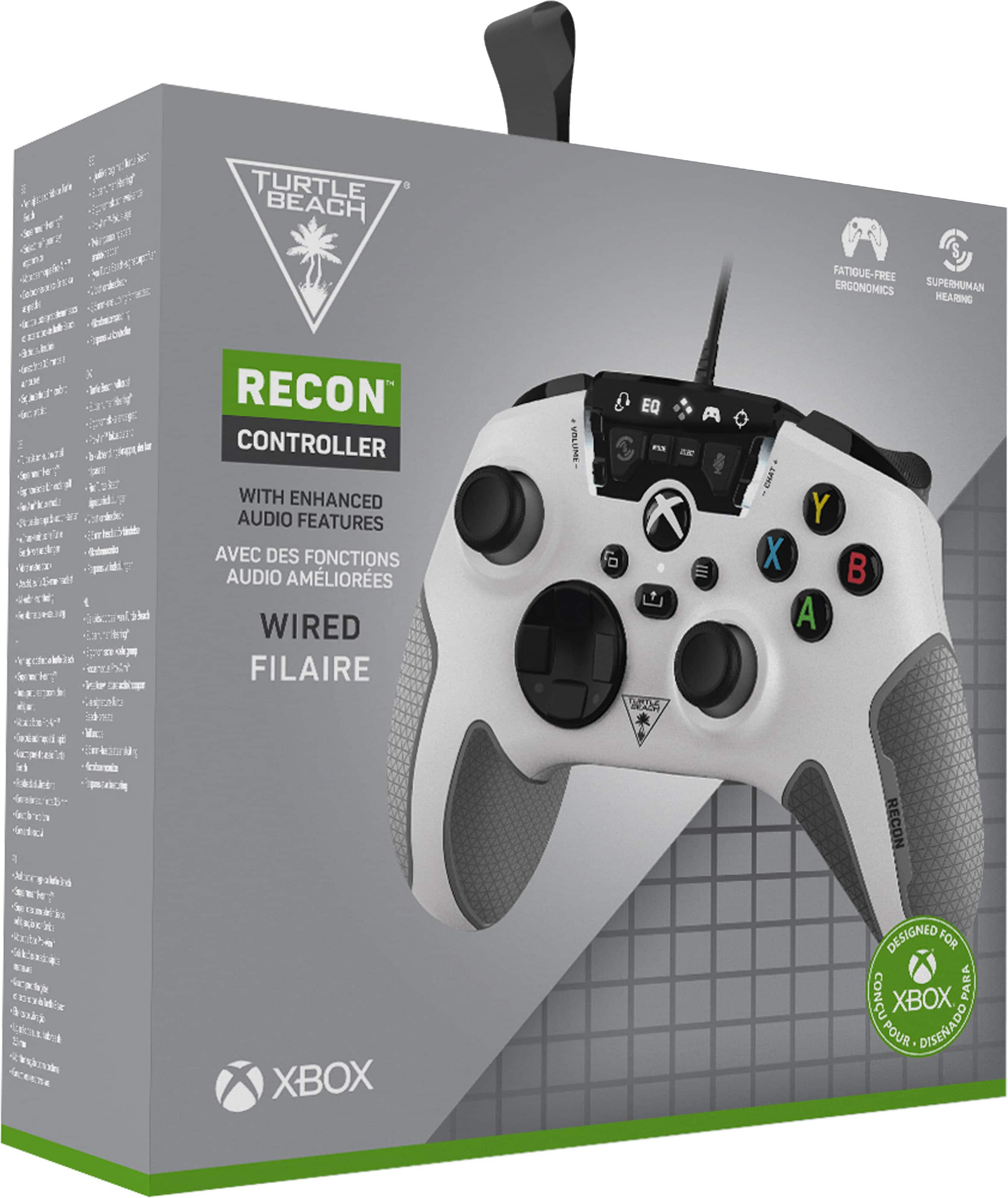 The Recon Controller is a wired Xbox controller designed for the Xbox. It features enhanced audio features and fatigue-free ergonomics, making it a comfortable and immersive gaming experience. The controller is white and has a sleek design, with a volume control and EQ settings for customizable audio. The Recon Controller is perfect for gamers who want to enhance their audio experience while playing on the Xbox.