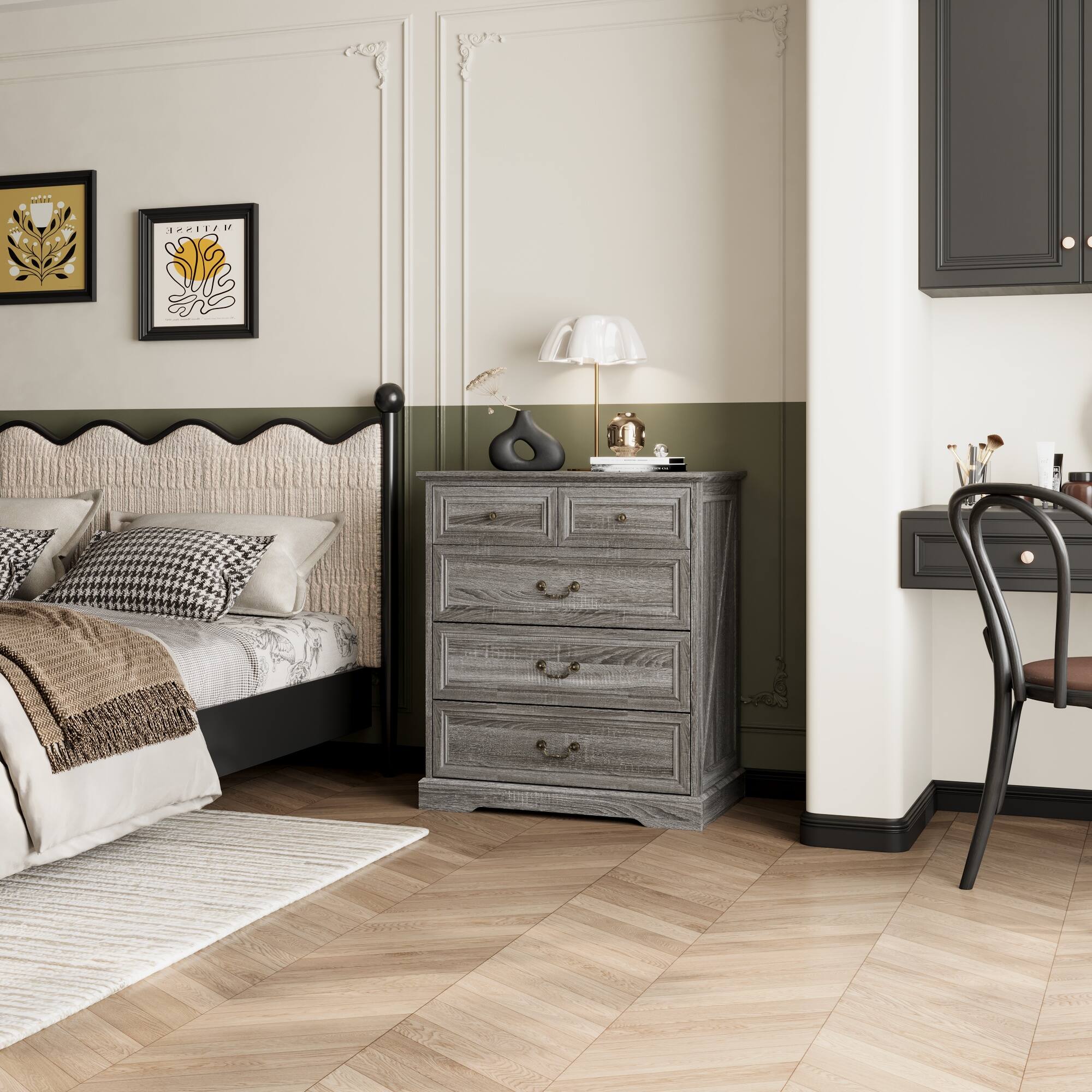 Alt View 6. FUFU & GAGA - Vintage 5-Drawer Dresser Chest - Distressed Finish Bedroom Storage Organizer with Bronze Hardware for Clothes, Linens - Distressed gray.