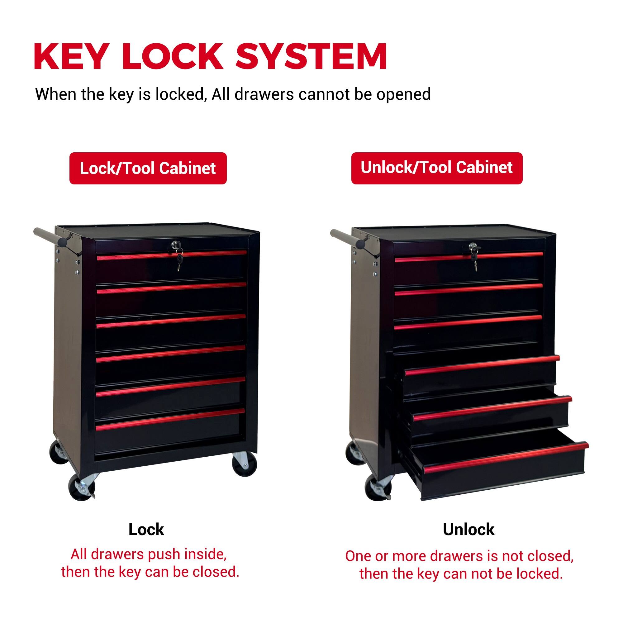 KEY LOCK SYSTEM

When the key is locked, All drawers cannot be opened

Lock/Tool Cabinet

Unlock/Tool Cabinet

Lock

All drawers push inside, then the key can be closed.

Unlock

One or more drawers is not closed, then the key can not be locked.
