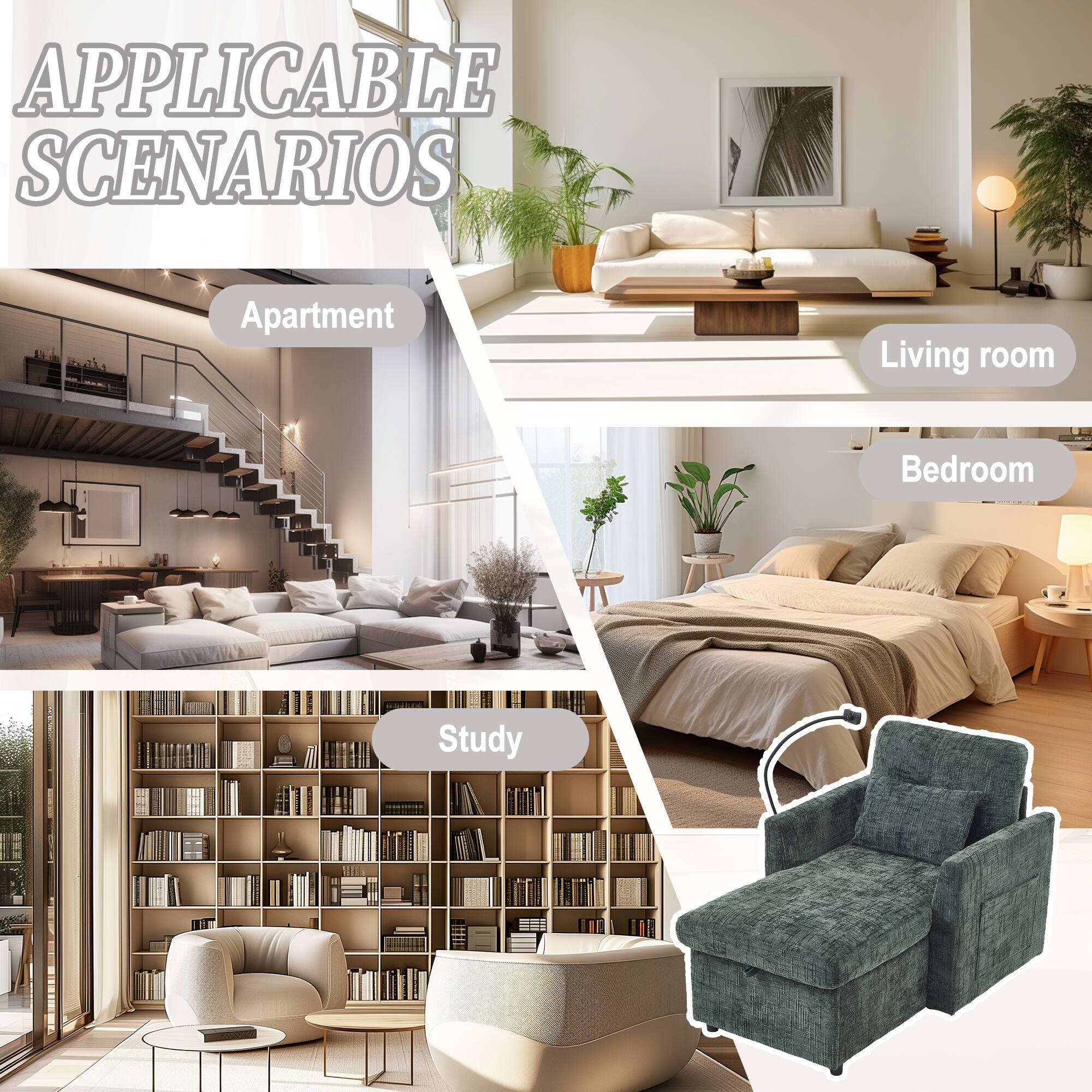 APPLICABLE SCENARIOS

- Apartment
- Living room
- Bedroom
- Study