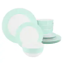 Martha Stewart - 12 Piece Banded Fine Ceramic Dinnerware Set - Baby Blue