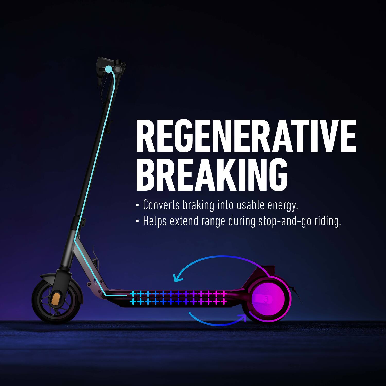 REGENERATIVE BREAKING  
Converts braking into usable energy.  
Helps extend range during stop-and-go riding.