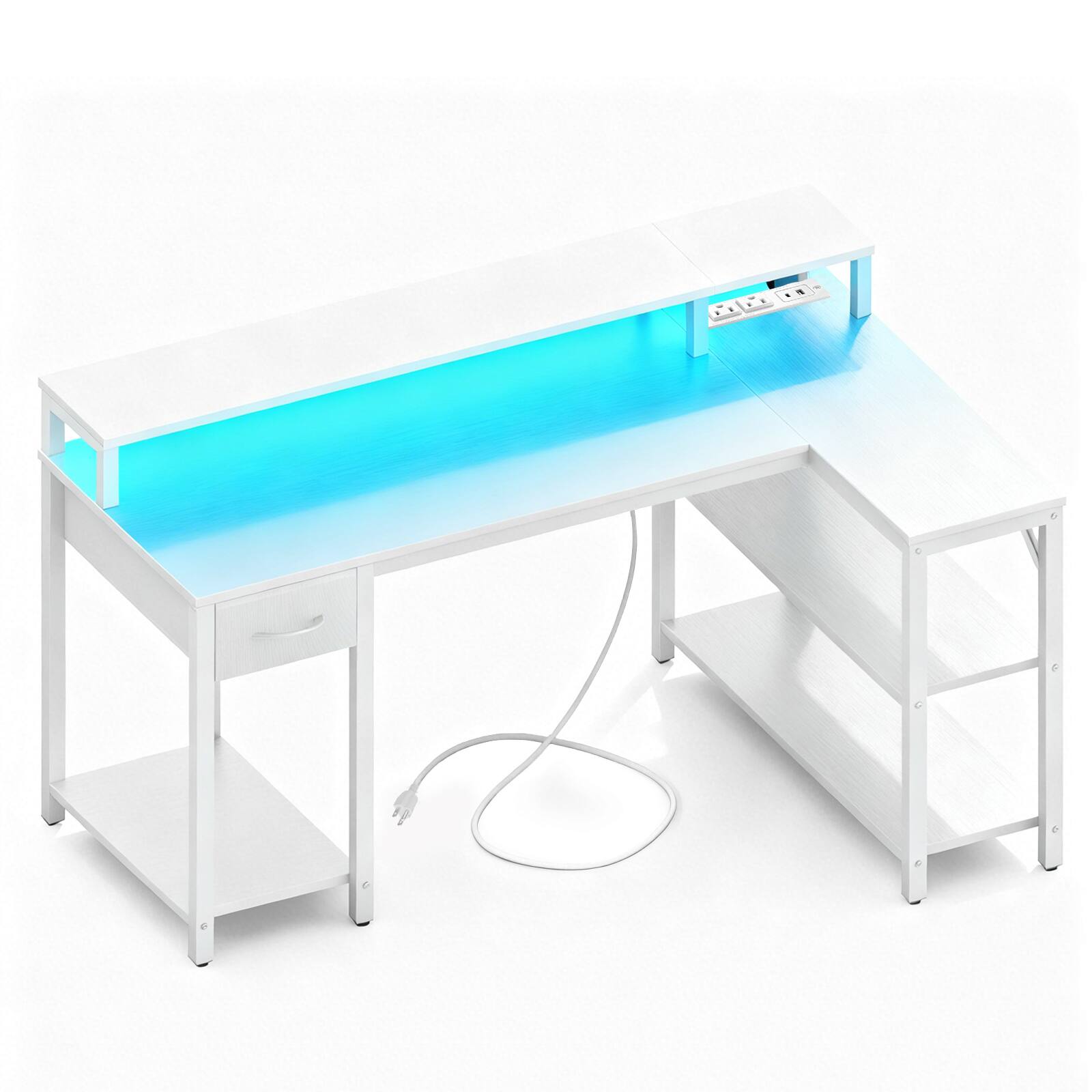 Front. Aukfa - 47-Inch Gaming Table with USB Charging & LED Light - Reversible L-Shape Design with Power Socket & Monitor Stand - White.