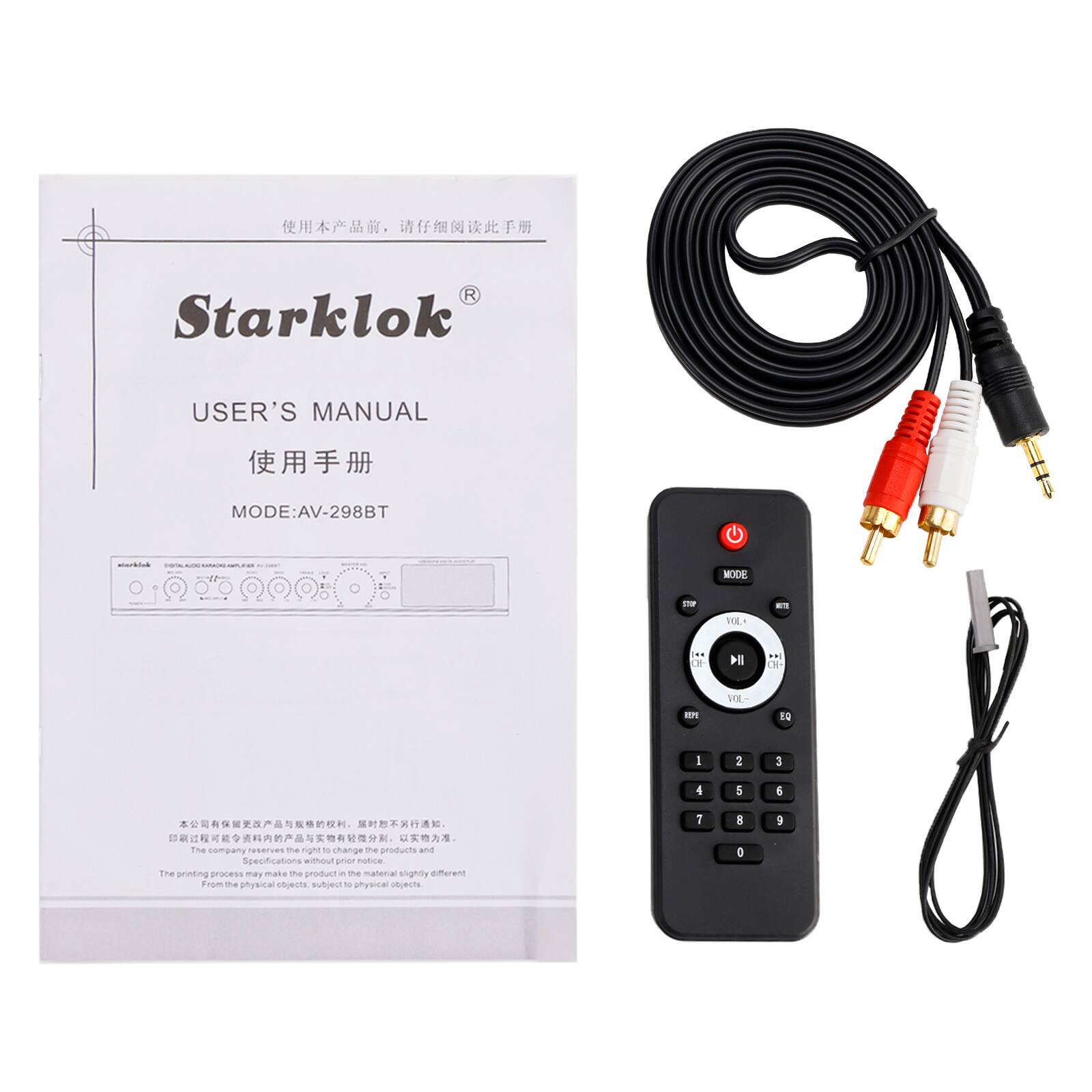 **Starklok**

**USER'S MANUAL**

**使用手册**

**MODE: AV-298BT**

---

**MODE 11 ME+**

**14 P CH**

**SEE s0m**

**2 3 4 5**

---

**The company reserves the right to change the products and specifications without prior notice.**

**The printing process may make the product in the material slightly different from the physical objects.**