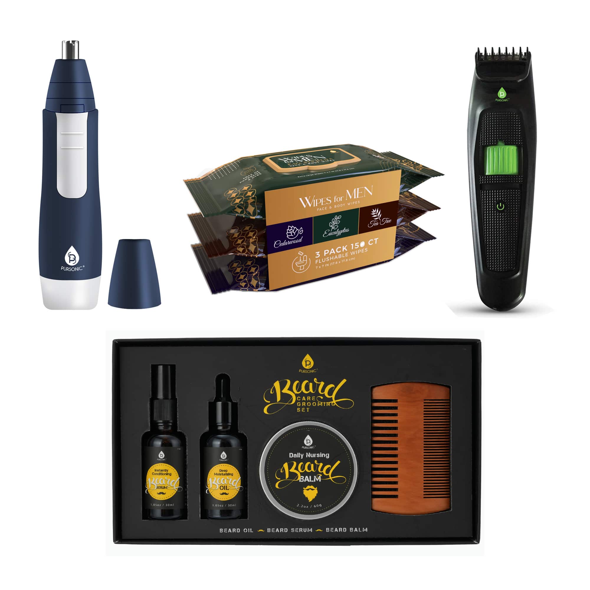Pursonic - Full-Range Men's Grooming: 4-Piece Beard Care Set, Beard and Body Trimmer, Nose Trimmer, & Assorted Face and Body Wipes